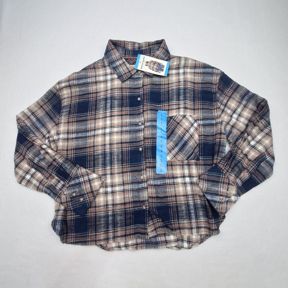 Scotch & Soda Flannel Shirt Womens Large Navy Tan Plaid Button Down Cotton NEW